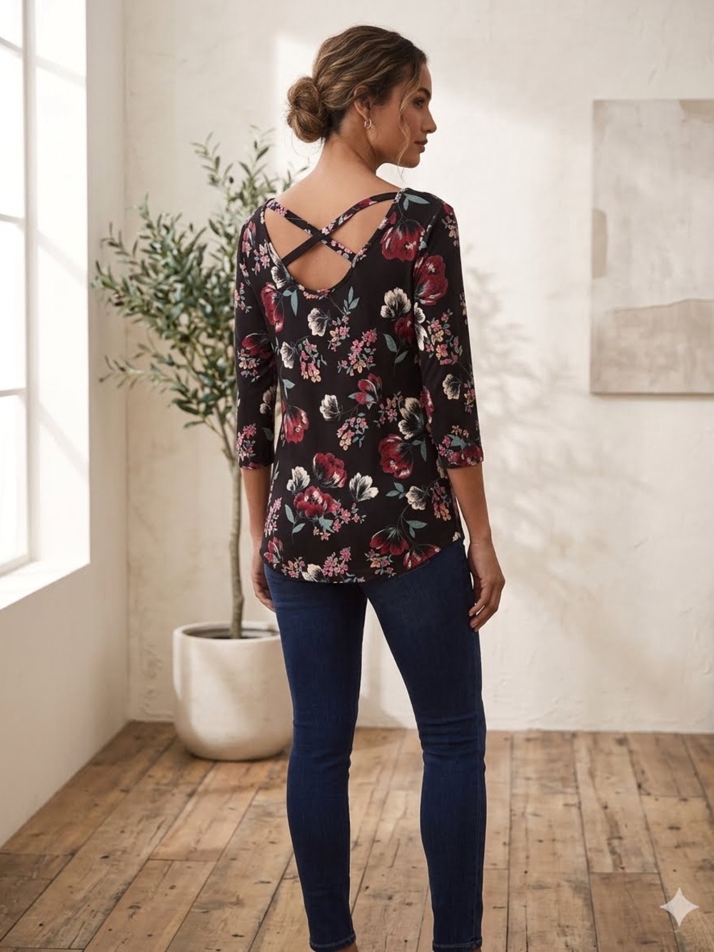 Terra & Sky Long Sleeve 1X Plus Size Black Floral Crisscross Back Top